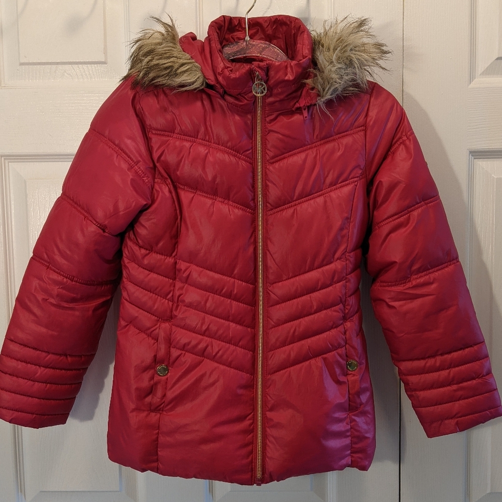 MICHAEL KORS Girls Size 10-12 Pink(Magenta) Winter Coat Faux Fur Hood EUC Warm